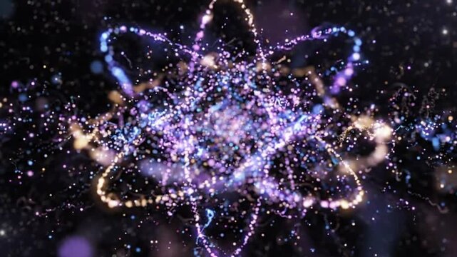 Abstract Atom Structure Particles Swirl, Glowing Energy Orbits, Digital Science Background