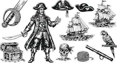 Pirate collection with ship treasure chest and sword in vintage engraving style for adventure themes © Ishtiaq