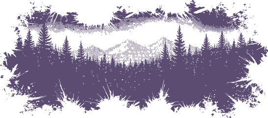 Pine forest silhouette against snow-capped mountains with distressed border during twilight © Ishtiaq