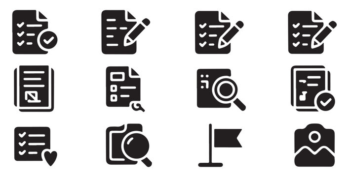 Business verification icons showing paper documents with pens magnifiers and approval symbols.