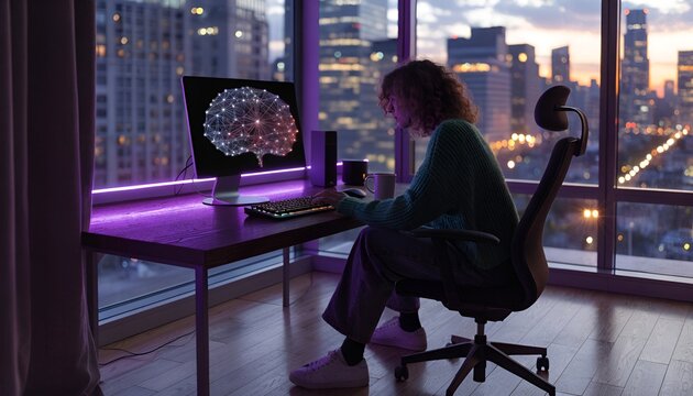 Woman working on AI brain project at desk with city skyline at night