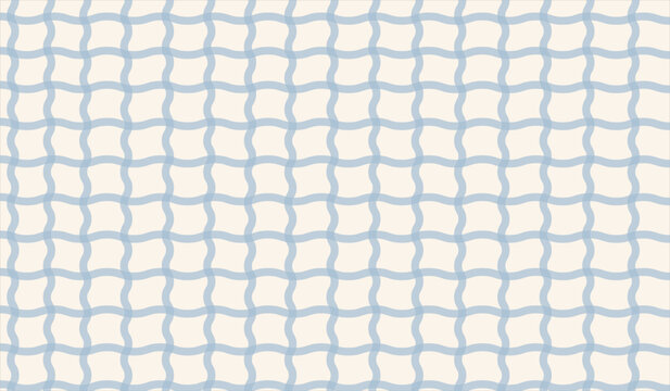 Abstract wavy plaid pattern in soft blue and cream colors, seamless geometric gingham texture with distorted grid lines for modern apparel, textile design, and wallpaper background.