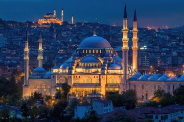 Fototapeta premium A majestic mosque at dusk, with city skyline