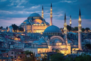 Obraz premium Majestic cityscape at twilight, illuminated mosques