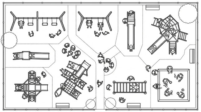 Playground Site Plan with Play Equipment and Children Figures for Landscape Architecture and Park Design