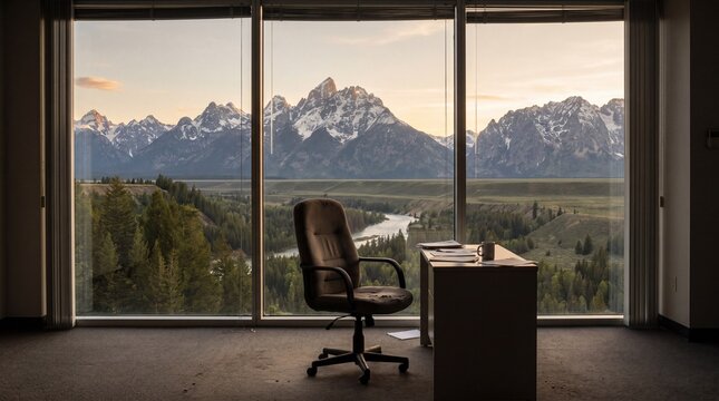 Empty office chair facing window with mountain view dream escape work concept