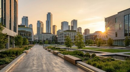 Fototapeta premium Modern Cityscape at Sunset with Urban Green Spaces and Tall Buildings