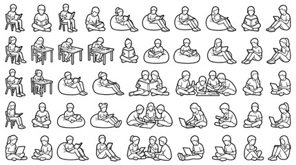 Fototapeta premium Minimal Line Art Children Reading and Studying Vector Icon Set with Kids Using Laptops and Books for Educational Design