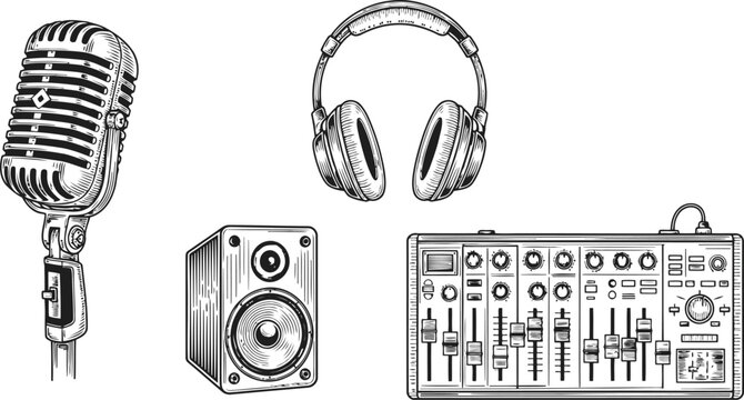 Retro audio equipment collection including headphones mixer speaker and microphone in vintage engraving style
