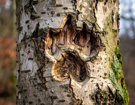 Close-up of a tree trunk with a large, organically shaped wound or scar in the bark. Details of the wood are visible