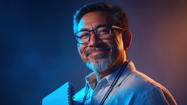 Friendly Middle-Aged Hispanic Man with Glasses and Bright Smile Holding Notebook