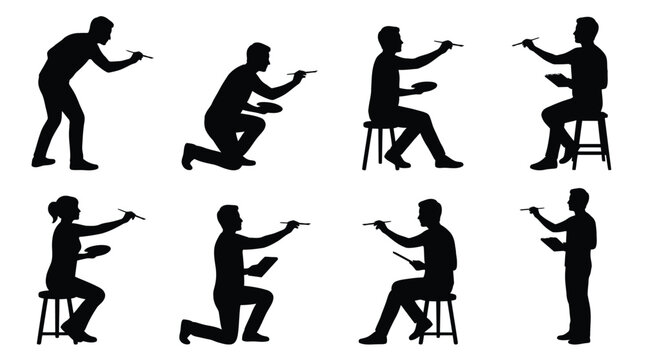 Black vector illustration showing various artists holding paintbrushes and palettes in different creative working poses
