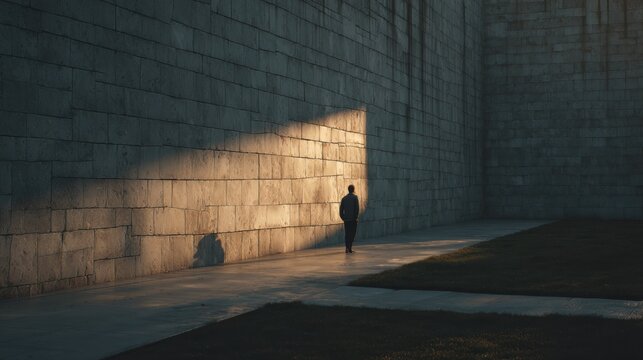 Photorealistic Image of Person Walking Along Sunlit Concrete Wall