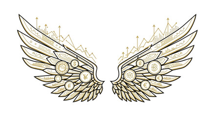 Fototapeta premium Golden Wings with Cryptocurrency Symbols and Financial Charts