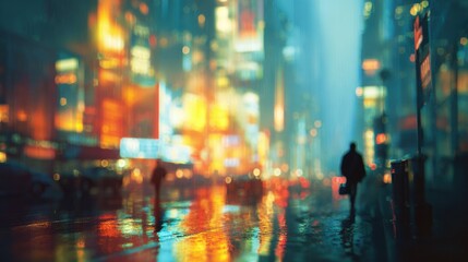 Fototapeta premium Vibrant Nighttime City Scene with Bright Lights and Pedestrians on Wet Streets