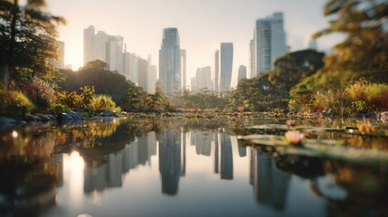 Fototapeta premium Tranquil Urban Park with Reflective Pond and City Skyline in the Background