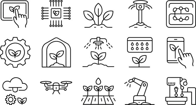 Smart farming and automated agriculture technology line icon set with drones robotics greenhouse and irrigation