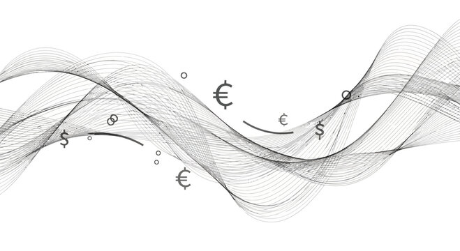 Abstract waves with currency symbols, Euro and Dollar, on white background