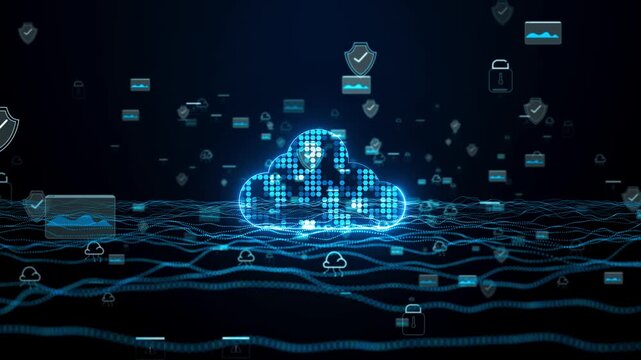 Futuristic cloud computing and cybersecurity concept with glowing digital cloud over network waves, representing secure data storage, cloud technology, online protection, and digital infrastructure.