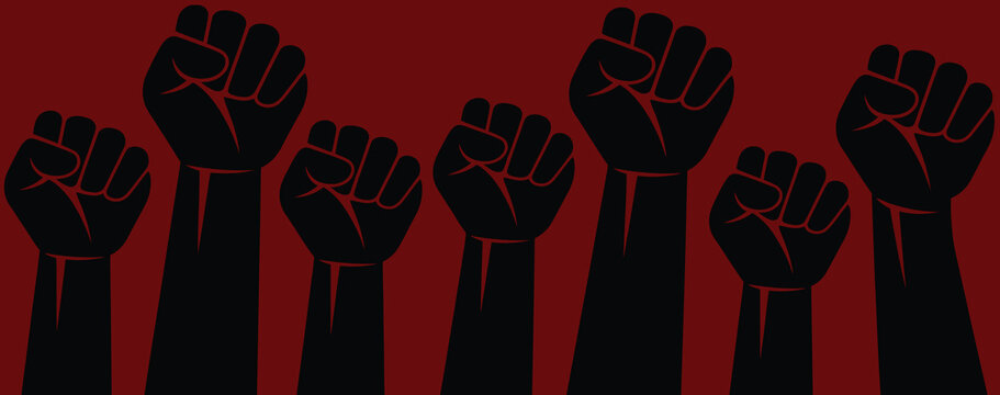 Raised fist protest illustration, unity and resistance symbol with multiple raised hands, social movement and human rights concept, empowerment and solidarity graphic, bold black silhouette design, ac