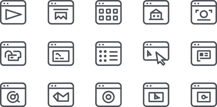 Web browser wireframe line icon set with user interface layout website menu and dashboard elements