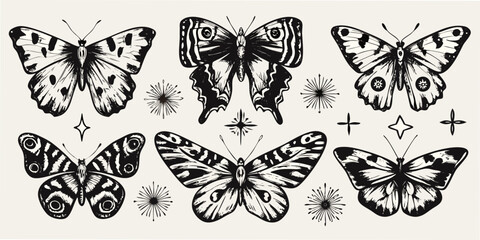 Black And White Butterfly Illustrations With Floral Ornament Details © Sabita