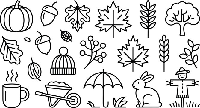 Autumn and fall season line icon set with pumpkin leaves maple scarecrow and rabbit