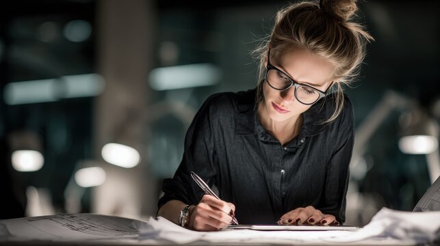 Professional Woman Architect Working at Desk in Modern Office Setting