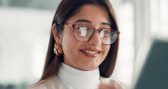 Business woman, glasses reflection or tablet in office for web development, UI design or app testing. Digital designer, person and happy with tech screen for usability assessment and user experience