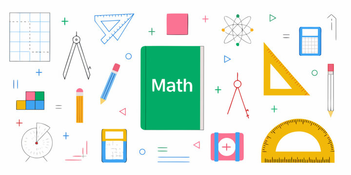Math symbols and tools colorful vector illustration on white background