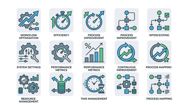 Business process management icons illustrate efficiency and productivity in industry settings.