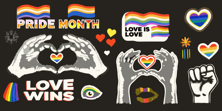 Pride month themed collage with rainbow colors and hand silhouettes