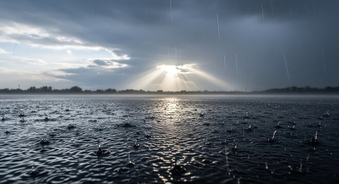 Sun Rays Breaking Through Clouds Over Rippling Water.