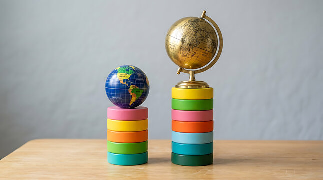 Two globes on colorful blocks