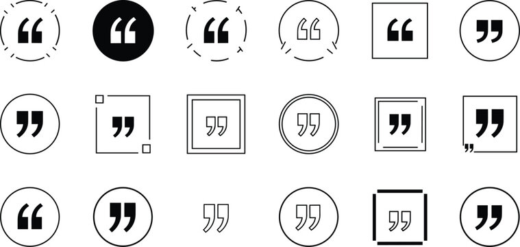 Geometric Quotation Mark Icon Collection Featuring Minimalist Circle and Square Quote Frames for Testimonials, Social Media Layouts, Graphic Designs, and User Interface Vectors