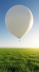 Fototapeta premium A giant white scientific balloon ascends toward the vast cloudless horizon from a lush green meadow during a sunny afternoon of exploration, sky, science, horizon