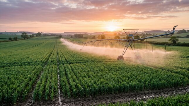 Center pivot irrigation system spraying water over expansive corn field at sunrise in agricultural rural landscape