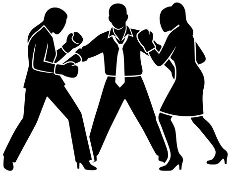 Vector silhouette of businessmen in suits, two with boxing gloves facing off while central figure observes. Symbol of corporate rivalry, competition, and professional conflict.