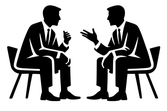Vector silhouette of two businessmen in suits seated face‑to‑face, engaged in conversation and gestures. Symbol of negotiation, interview, teamwork, and professional communication.