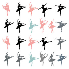 Ballet dancer silhouettes in various pastel colors, graceful pose, repeating pattern © gan
