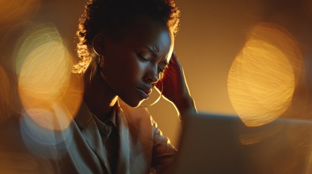 African American woman in professional setting working on laptop at sunset