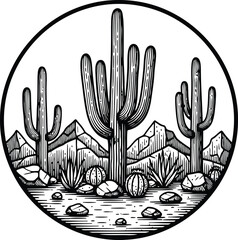 Saguaro cacti and desert landscape in a circular linocut style for travel and nature themes © Ishtiaq