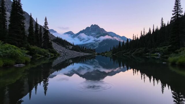 Majestic mountain peak reflecting in calm alpine lake at dusk
