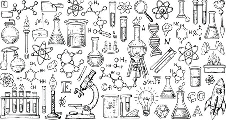 Scientific Laboratory And Research Icons With Chemistry Molecules And Atomic Structures Hand Drawn © Ishtiaq
