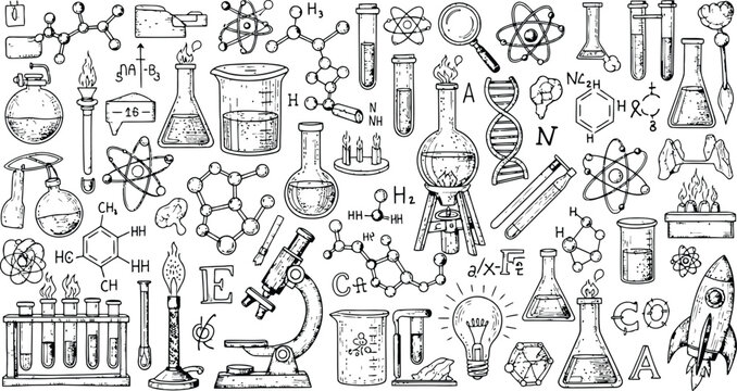 Scientific Laboratory And Research Icons With Chemistry Molecules And Atomic Structures Hand Drawn