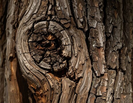 Close-up of a tree trunk with a prominent knot. The bark shows textured layers and patterns of weathered, rough wood