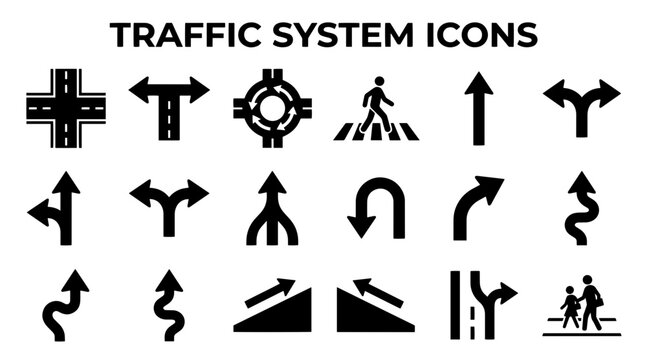 A set of vector icons representing various traffic signs, road junctions, and pedestrian crossings.