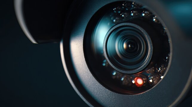 Close-up of security camera lens with subtle reflection and high fidelity detail