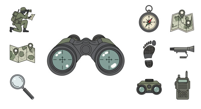 Illustrated binoculars and other reconnaissance tools for exploration purposes