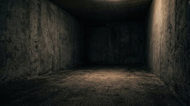 Empty Dark Dungeon Room with Dramatic Light on Floor, Grungy Concrete Walls
